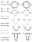 SCERRING 14G Nipple Rings Stainless Steel Nipplerings CZ Heart Tongue Shield Barbell Rings Retainer Body Piercing Jewelry for Women 9/16Inch 11 Pairs, Metal Crystal Acrylic, cubic-zirconia