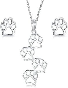 Animal Pet Dog Cat Puppy Kitten 4 Multi Paw Prints Dog Stud Earrings Pendant Necklace Jewelry Set for Women Teen .925 Sterling Silver