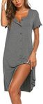 Ekouaer Women's Nightshirt Short Sleeve Button Down Nightgown V-Neck Sleepwear Pajama Dress, Grey, Medium