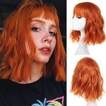 Leeven Short Bob Wigs with Bangs for Women Orange Curly Wavy Wig Loose Wavy Shoulder Length Synthetic Cosplay Wig for Girl Colorful Wigs 12 Inch