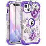 Hocase for iPhone 13 Case, with 2pcs Screen Protectors and 1pc Camera Protector, Shockproof Heavy Duty Soft Silicone+Hard PC Hybrid Protective Case for iPhone 13 (6.1") 2021 - Lavender Flowers