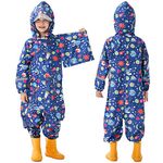 Kids Rain Suit for Boys One Piece Hoodie Zipper Cartoon Waterproof Coverall Toddler Rain Jacket, 3-5 Years M Size