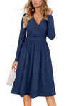 OUGES Women's Fall Long Sleeve V Neck Floral Short Party Dress with Pockets Winter Dress 2023(Navy,XL)