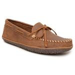 Minnetonka Men's Tarik - Suede Mocassins for Men - Water-Resistant Indoor Outdoor Slippers with MinnTREAD Rubber Sole, Brown, 6 UK