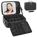 Twofold Makeup Bag with LED Mirror, Makeup Case with Lighted Mirror, Large Capacity Travel Cosmetic Train Case Organiser Box for Women, Dividers and Rechargeable Vanity Mirror with 3 Color Lights