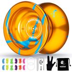 MAGICYOYO N11 Golden Blue Professional Unresponsive Yoyo Alloy Aluminum YoYo Ball with Bag, Glove and 12 Yoyo Strings, Responsive Bearing Kit for Dual Purpose Use