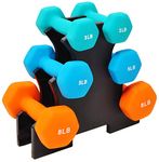 Fitvids Set of 6 Neoprene Dumbbell Hand Weights, Anti-Slip, Anti-roll, Hex Shape Colorful, 3/5/8 Pound Pairs, 32-Pound Set with Rack