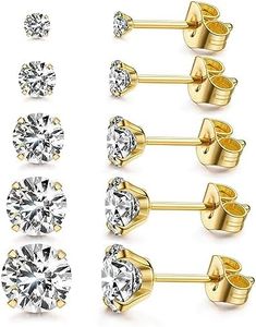 Kainier 5 Pairs CZ Stud Earrings Set 316L Stainless Steel Earrings Cubic Zirconia Ear Stud for Women Girls Simulated Diamond Hypoallergenic 3-7mm, Gold