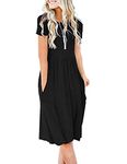 AUSELILY Women's Summer Short Sleeve Dress Knee Length with Pockets Casual Pleated Empire Dress Flare Swing T-Shirt Dresses (Black,M)