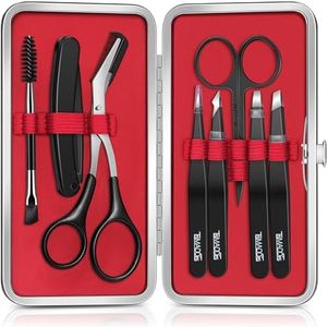 TsMADDTs Eyebrow Kit, 8 in 1 Eyebrow Trimmer Scissors, Tweezers for Women, Razor, Brush with Travel Bag, Tweezers Set for Women and Men, Professional Shaping Grooming Kit