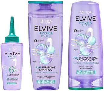 L’Oréal Paris Elvive Hydra Pure Routine for Oily Roots, Scalp & Dehydrated Lengths, Powered with Hyaluronic & Salicylic Acids, Exfoliating Pre-Shampoo Scalp Serum, Shampoo & Conditioner Set