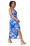 Roman Petite Floral Knot Stretch Maxi Dress for Women UK - Ladies Everyday Holiday Spring Summer V Neckline Comfy Soft Evening Vacation Work Party - Blue - Size 18