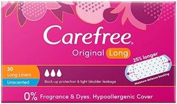 Carefree Original Long Unscented Liners 30 pack | Suitable for moderate to heavy discharge/spotting| bladder leakage| ideal as a tampon backup| 25% longer for extra coverage & protection