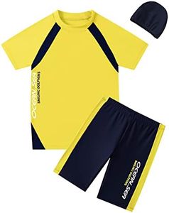 Boys Swimsuits Short Sleeve UPF 50+ Sun Protection Rash Guard with Hat 2 Piece Kids Bathing Suit 4-14 Years, Yellow, 9-10 Years