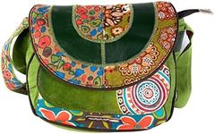 Macha Ethnic Cotton Bag with Colourful Prints and Leather Inserts, Shoulder Bag for Women Ethnic Indian Colourful (Green)