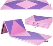 Costway 300 cm x 117 cm x 5 cm Folding Exercise Mat, 4-Panel PU Leather Gym Mat w/ Hook & Loop Fasteners & Carrying Handles for Gymnastics, Yoga, MMA, Core Workouts, Stretching & Tumbling, Multiple Colors (Pink + Purple)