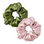 LILYSILK 100% Pure Silk Scrunchies Hair Elastic for Women Girls Hair Ties Ponytail Holder No Crease Gentle for Hair 2PC,Rosy Pink+Dark Green