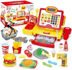 FS Pretend Play Cash Register Toy with True Barcode Scanner & Calculator, Microphone, Play Food, Supermarket Cashier, Great Pre-School Gift Cash Register for Kids Boys & Girls, Ages 3 4 5 6 8