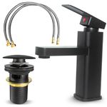 MSC - Black Mixer Tap with Single Lever Design, Matte Black Basin Tap, Suitable as a Cloakroom Basin Mixer tap, Includes Pop up Waste and Hoses, Black Bathroom Sink tap, Black tap, Cloakroom tap.