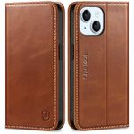 SHIELDON Case for iPhone 15 5G 2023, Genuine Leather for iPhone 15 Wallet Case Magnetic RFID Blocking Credit Card Holder Kickstand Shock Absorbing Compatible with iPhone 15 6.1" - Retro Brown