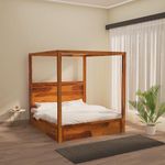 wakeup INDIA Solid Wooden King Size Bed |3 Years Warranty| Canopy Sheesham Wood Poster Bed with Storage for Bedroom Home |Zero Partner Disturbance (Compartment-2, Size-78x72 inch, Light Honey Color)