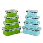 Dice Pro Collapsible Silicone Lunch Box, Food Storage Container with Lid, Portable Lunch Bento Box, Microwave, Dish Washer and Freezer Safe, (Set of 4) Blue