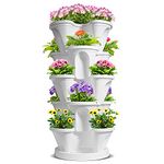 T4U 5 Tier Vertical Garden Plastic Planter, Stackable Strawberry and Herb Pots with Saucer for Vegetable Flower Plants, Self Watering Garden Tower for Indoor Outdoor Balcony Patio Porch, White