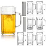 ZENFUN 8 Pack Heavy Large Beer Glasses, 400ML Glass Beer Mugs with Handle & Stainless Steel Straws, Beer Glass Steins Heavy Base Pub Drinking Mugs for Wine, Juice, Iced Tea