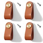 Lawen Creative 4 Set Leather Furniture Handles Leather Knob Cabinet Handle Knobs Leather Handle for Kitchen Cabinets Cupboards (Light Brown, Single Hole)