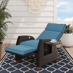 Grand patio Recliner Sun Lounger Adjustable Position Backrest Armchair with Flip Table and Cushion Lounge Chair Sunlounger for Garden, Yard, Patio, Outdoor - Peacock Blue Cushion & Brown Wicker