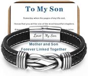 HNLUGF Mother and Son Forever Linked Together Braided Leather Bracelet, Men's Stainless Braided Leather Bracelet Inspirational Bangle Wristband, Son Graduation Birthday Gift from Mom, 8 5 inch, 皮革