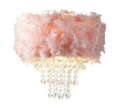 Contemporary Designer Real Pink Feather Chandelier Pendant Light Shade with Transparent Hanging Acrylic Droplets | 32cm Diameter by Happy Homewares