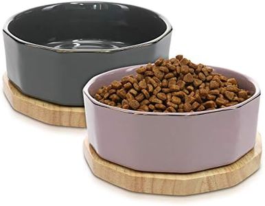 Navaris Ceramic Dog Bowls (Set of 2) - 27oz (800ml) Water or Food Bowl for Pet Dogs and Cats with Non Slip Real Oak Wood Underlay - Stylish Design