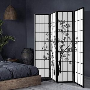 Artiss 4 Panel Room Divider, Folding Wooden Privacy Portable Screen Shelf Dividers Partition Wall Screens Home Pet Child Indoor Balcony Bedroom Furniture, Separator Water-Resistant Black