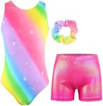 JESKIDS Gymnastics Leotards for Girls Dance Unitards Biketards Matching Shorts Activewear Suits for Girls 4-13 Years, Rainbow, 4-5 Years