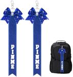 CN 2pcs Blue Cheer Pin Me Ribbon Strap for Bag Glitter with Rhinestone Cheerleader Keychain Cheer Gifts Spirit Bow Pin Holder for Kids Girls Teen Women