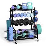 Dumbbell Rack - ZACHVO Yoga Mat Weight Rack - Dumbbell Stand for Home Gym with 4 Wheels and 8 Hooks - Yoga Mat Storage Rack for Kettlebells and Yoga Block, Strap, Roller - 100-160KG Load Capacity