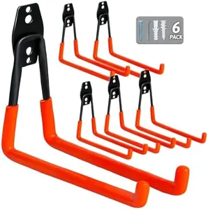 WMK Garage Hooks 6 Pack Wall Storage Hooks Heavy Duty Steel Tool Hangers for Utility Organizer, Wall Mount Holders for Garden Lawn Tools, Ladders, Bike (Orange)