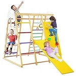 COSTWAY Kids Climbing Frame, Wooden Playground Jungle Gym with Slide, Climbing Rock/Net, Monkey Bars, Rope Ladder and Swing, Indoor Climber Playset for Toddlers (Colorful)