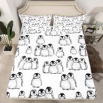 Penguin Bedding Set Queen Size for Kids Boys Girls Antarctic Animal Sheet Set Cartoon Style Penguin Illustration Fitted Sheet for Children Teens Adult Grey White and Black Bed Sheets(No Top Sheet)