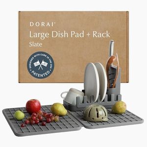 Dorai Home Collapsible Dish Drying Rack and Stone Dish Pad – Large Foldable Drying Rack with Instant - Dry Stone Mat –Space-Saving Drainer Rack for Kitchen Counter - 24.6" x 16.5", Slate