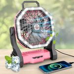 Roykaw Portable Fan for Travel, 10400 mAH Rechargeable Camping Fan, Cordless Battery Powered Fan with Led Light, with Handle, Hang Hook for Tent, Fishing, Pink
