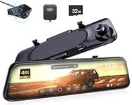 COOLCRAZY C8 4K+2K Rear View Mirror Camera, 12'' Mirror Dash Cam with 1440P Rear Camera,WDR Front and Rear Dash Camera for Cars and Trucks,Night Vision,Free 32GB Card&GPS,Parking Monitoring