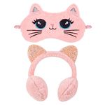 Heyu-Lotus Cat Girls Ear Muffs and Sleep Mask Set, Sequin Winter Warm Kids Fluffy Ear Muffs Pink Ear Warmers Earmuffs, Gift for Women Kids Girls