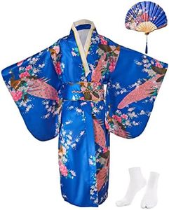 Children Yukata Vintage Japanese Style - Girl Kimono Kids Dress Traditional Clothing Silk Fabric Robe Wedding Wear Party Performance Gown, Royal Blue-set, 140