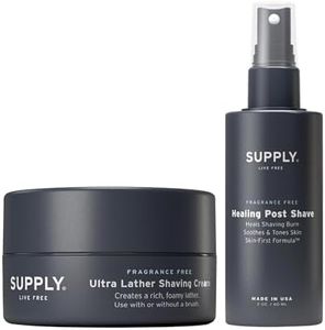 SUPPLY Men's Sensitive Skin Shaving Cream 3.4 oz & Post Shave Face Lotion 2 oz. Bundle – Reduces Razor Bumps & Burn and Soothes Irritation – Fragrance Free