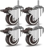 GBL Heavy Duty Swivel Casters with 4 Brakes + Screws - 50mm M10 x 25mm Up to 200kg - Pack of 4 No Floor Marks Silent Caster for Furniture - Rubberized Trolley Wheels - Silver Casters