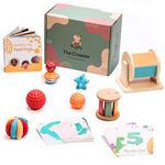 Bujjify Montessori Essentials 5-6 Months Infant Toys - Tummy Time Activity Wooden Spinning Drum, Sensory Balls Set, Texture Ball, Flash Cards, Baby Emotions Board Book, Newborn Gifts Basket