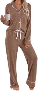 LILLUSORY Women's Long Sleeve Pajama Set - Soft Button-Down Top & Comfortable Drawstring Pants with Pockets Chocolate Brown XL