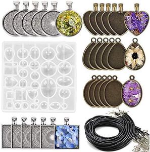 MEJOSER 31PCS Plateaux à Pendentif Moules en Silicone avec 30pcs Corde Collier 1.5mm en Résine Epoxy Métal Fabrication Bricolage Bijoux Set Loisirs Cadeau Créatifs Collier